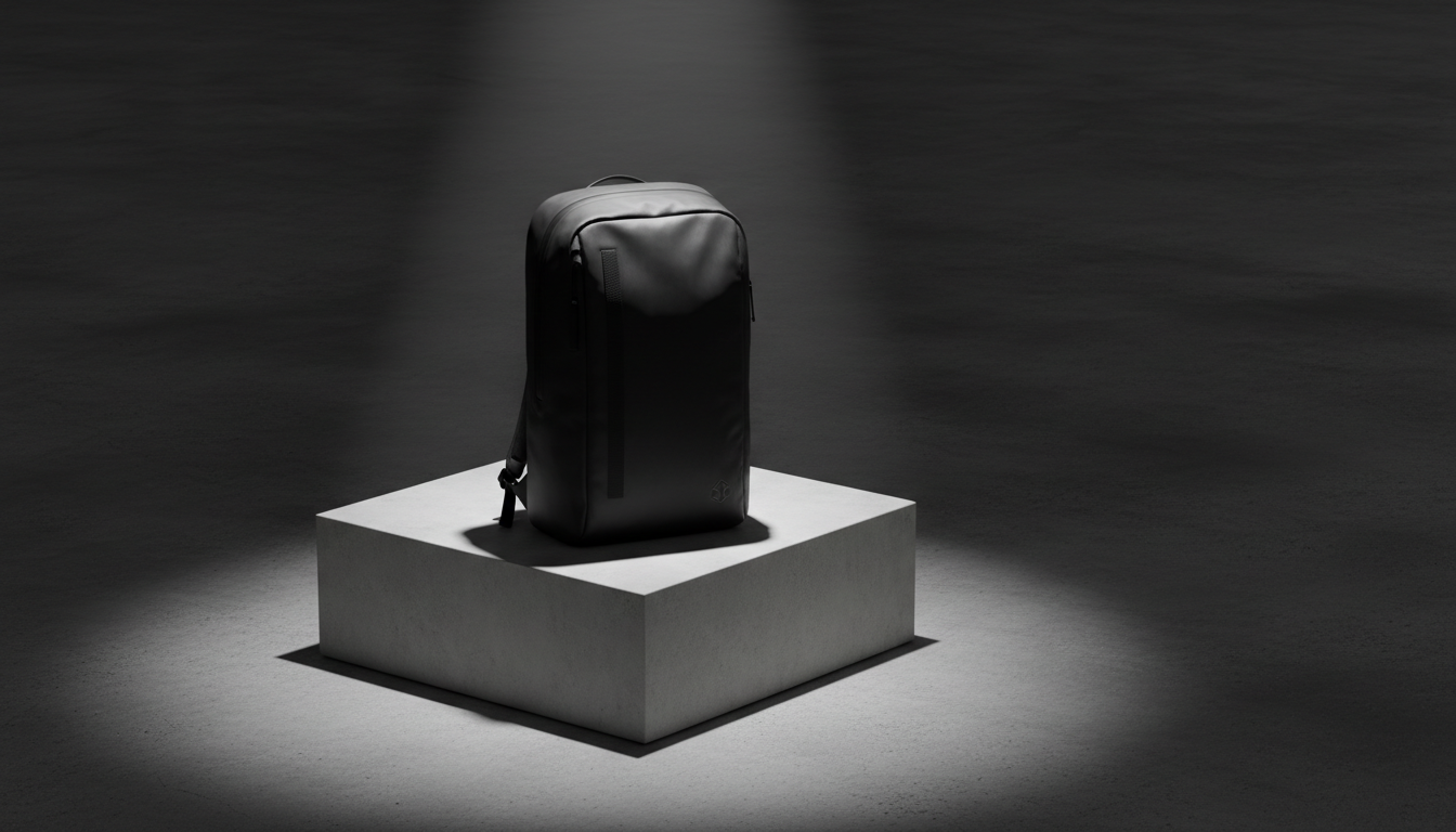 A minimalist, jet-black weatherproof backpack crafted from ballistic nylon with a subtle sheen, resting upright on a pure concrete plinth in a sparse environment. Harsh, overhead spot lighting carves out sharp, geometric shadows beneath, making the backpack's high-tensile fibers and welded seams pop visually against the serene, blank setting. The composition uses strong asymmetrical balance, with the backpack off-center to exude contemporary cool. The atmosphere is intense and urban, echoing a sense of robust utility and streamlined, performance-driven design. Crisp photographic realism reinforces the store's identity of tough, style-forward gear.