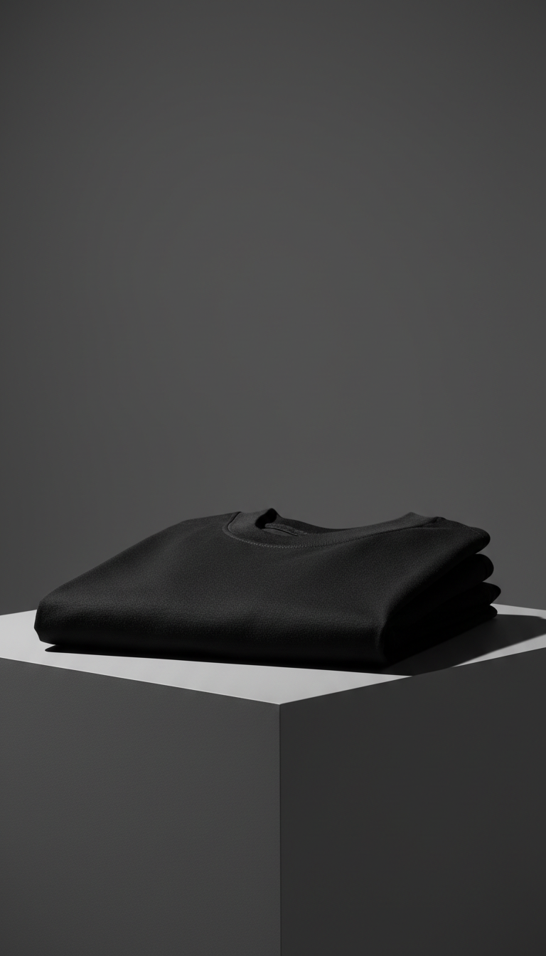 A meticulously folded heavyweight black cotton t-shirt with a subtle matte texture and reinforced stitched seams, showcased on a seamless matte-gray pedestal. Directional studio lighting from the left creates crisp shadows and striking highlights on the fabric surface, emphasizing its durability and tactile quality. The stark, uncluttered background amplifies the garment’s boldness, while a sharp, eye-level composition and minimalist framing put the focus squarely on the shirt’s craftsmanship. The mood is confident and resilient, radiating strength. Photographic realism with a clean, modern, and impactful aesthetic suits the bold brand ethos.