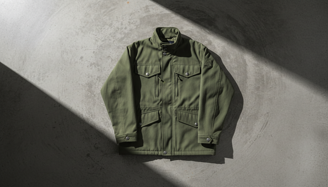 A rugged, water-resistant olive green utility jacket made from densely-woven twill, positioned neatly atop a brushed concrete slab. Intense, side-lit illumination produces pronounced, angular shadows that underline the jacket’s tough character and accentuate the texture of its durable material. The bare, neutral backdrop strips away distractions, allowing the strong lines of the jacket's structure and metal zippers to command attention. Captured in a centered composition with deep clarity, the image feels bold, utilitarian, and ready for anything—reinforcing the essence of purposeful, resilient apparel.